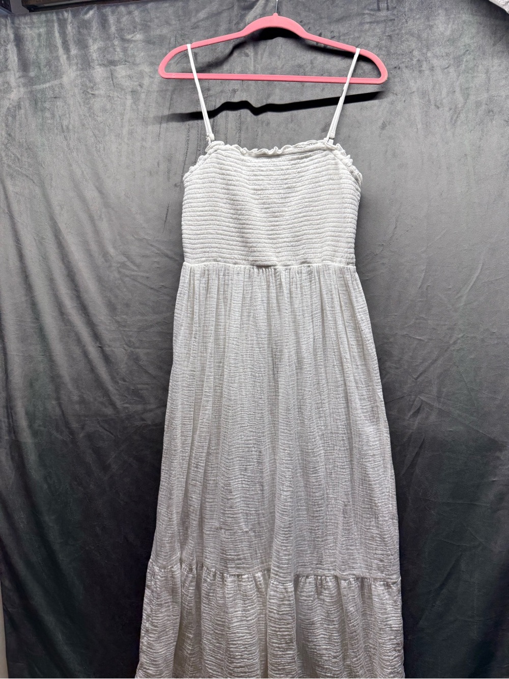Cottagecore Anthropologie White Textured Maxi Sundress w/ Smocked Bodice Ruffle